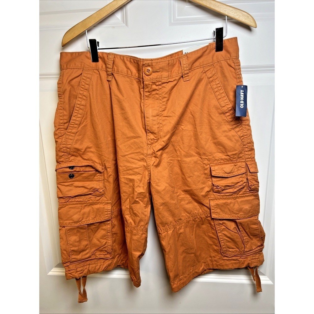 NWT Old Navy Fishing Action Cargo Shorts 34 Orange Drawstring Hem Utility Hike